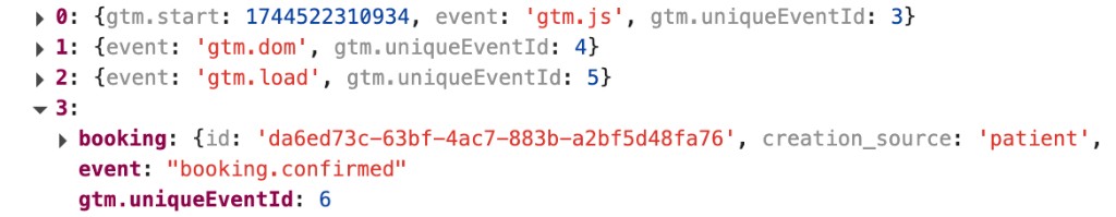 The browser console showing window.dataLayer after Carebit pushes booking.confirmed